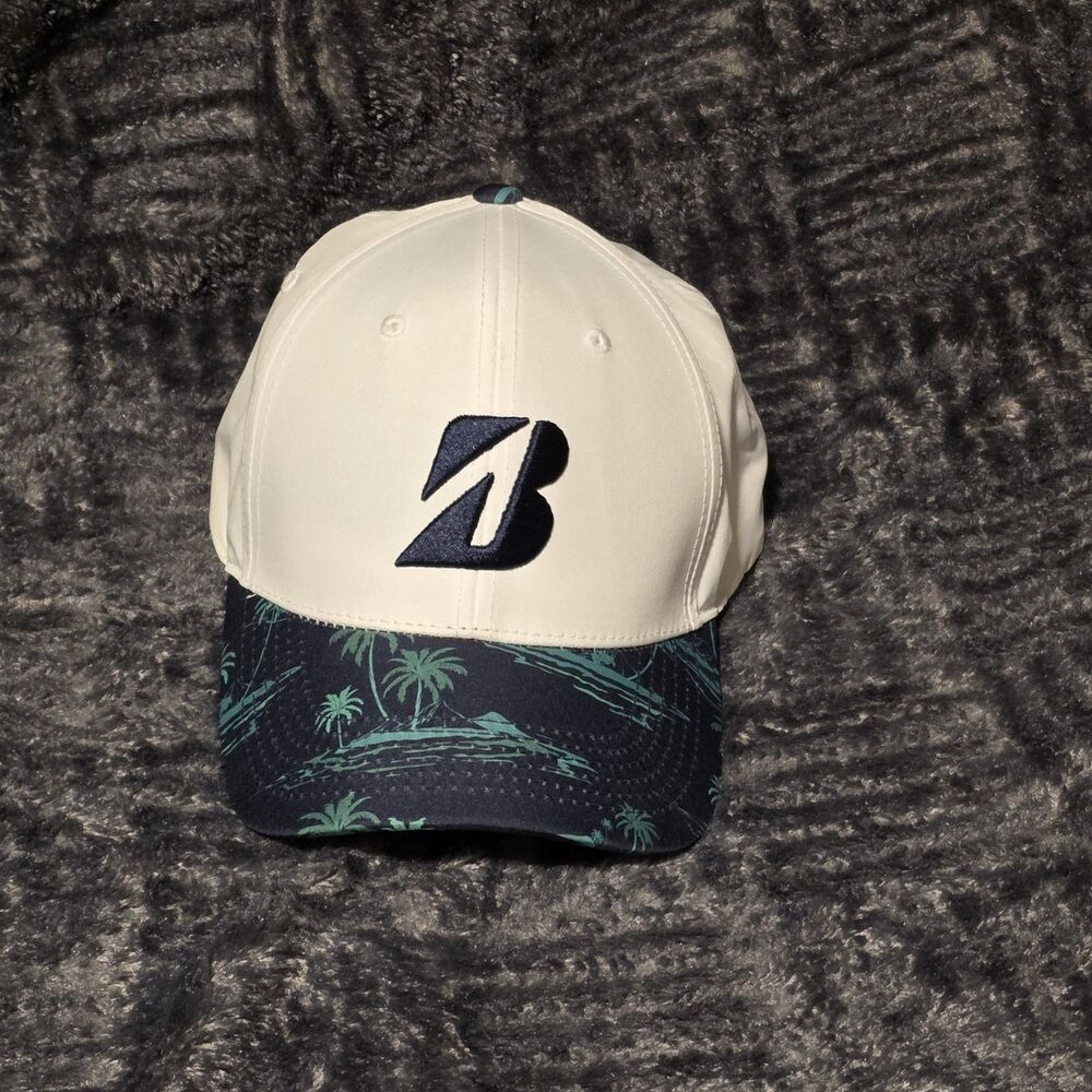 Bridgestone Hawaiian Aqua Adjustable Golf Hat/Cap White One Size Palm Trees